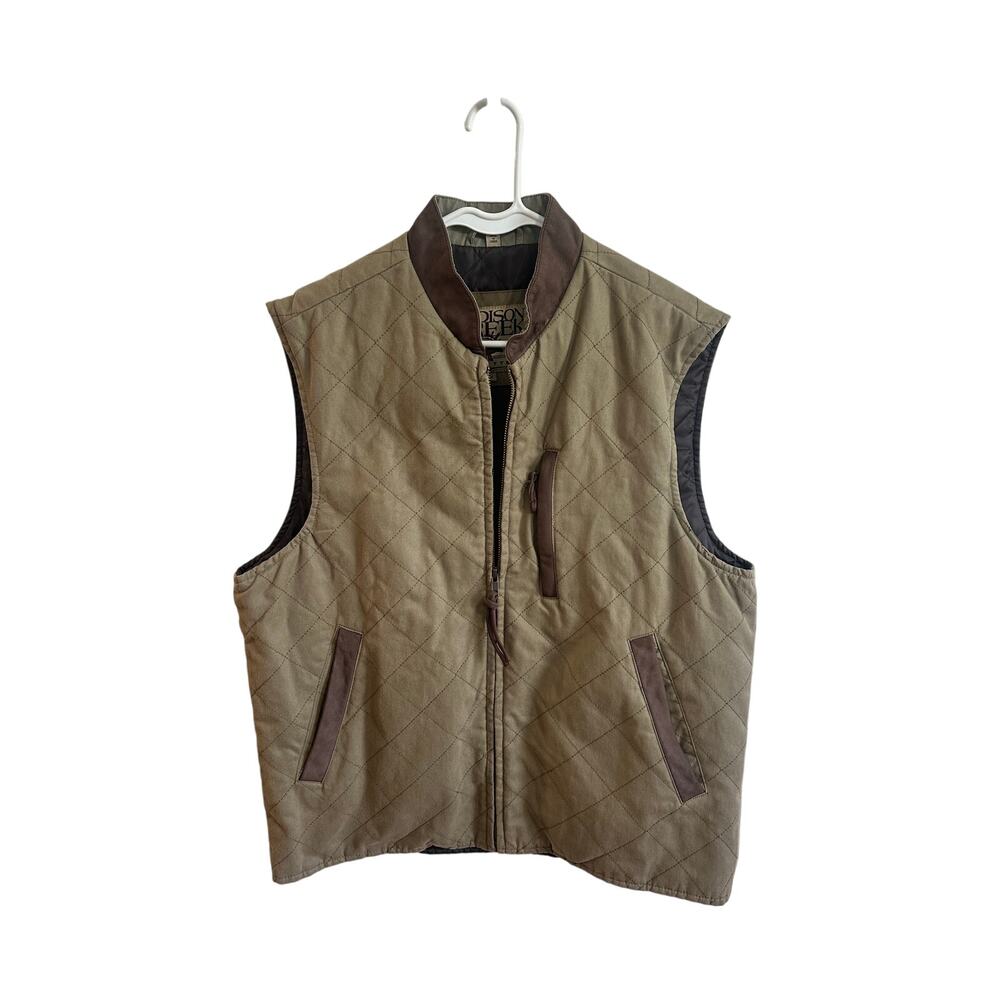 Madison Creek Men's Quilted Vest Leather Trim Green Beige Brown Sz M Great!